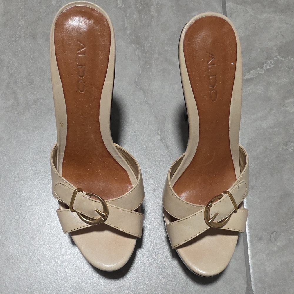 ALDO Women's Cream Mules with Gold Buckle